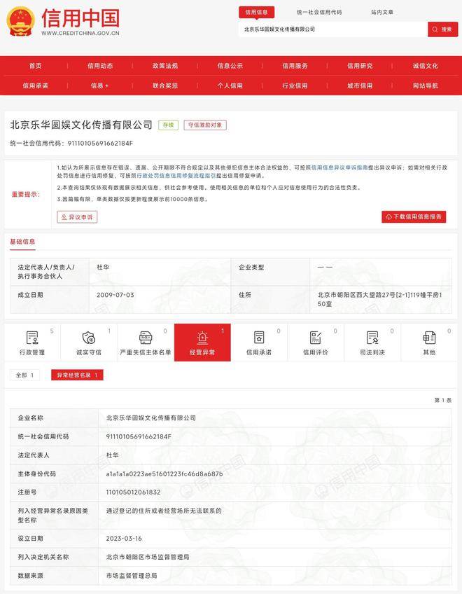 登记场所失联<strong></p>
<p>外汇名录登记</strong>！乐华娱乐营运公司被列经营异常名录