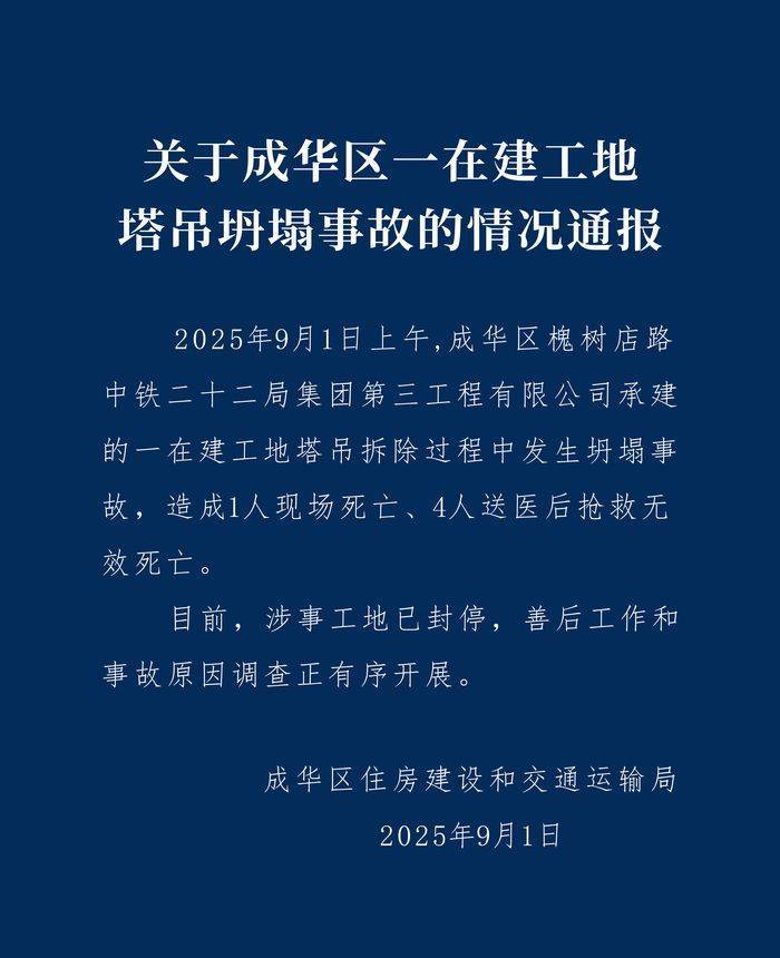成都成华区：中铁二十二局一在建工地塔吊坍塌致5人遇难<strong></p>
<p>比特币发行价</strong>，涉事工地已封停