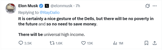 马斯克:AI将创造“全民高收入” 存钱将变得不再必要<strong></p>
<p>虚拟币有公网</strong>!